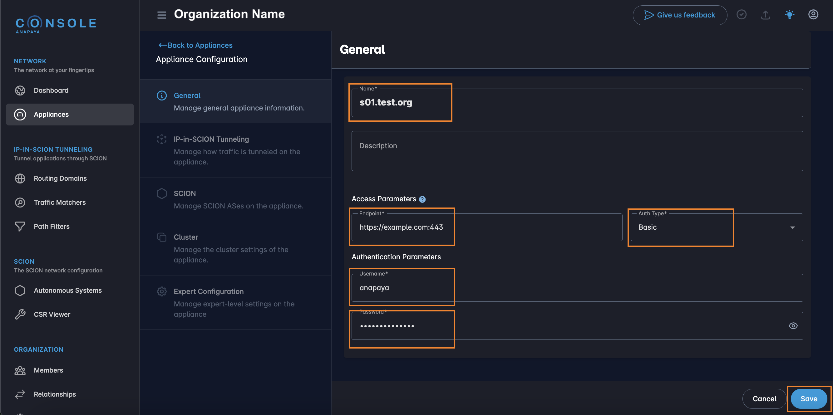 Appliance Configuration - General Settings highlighted